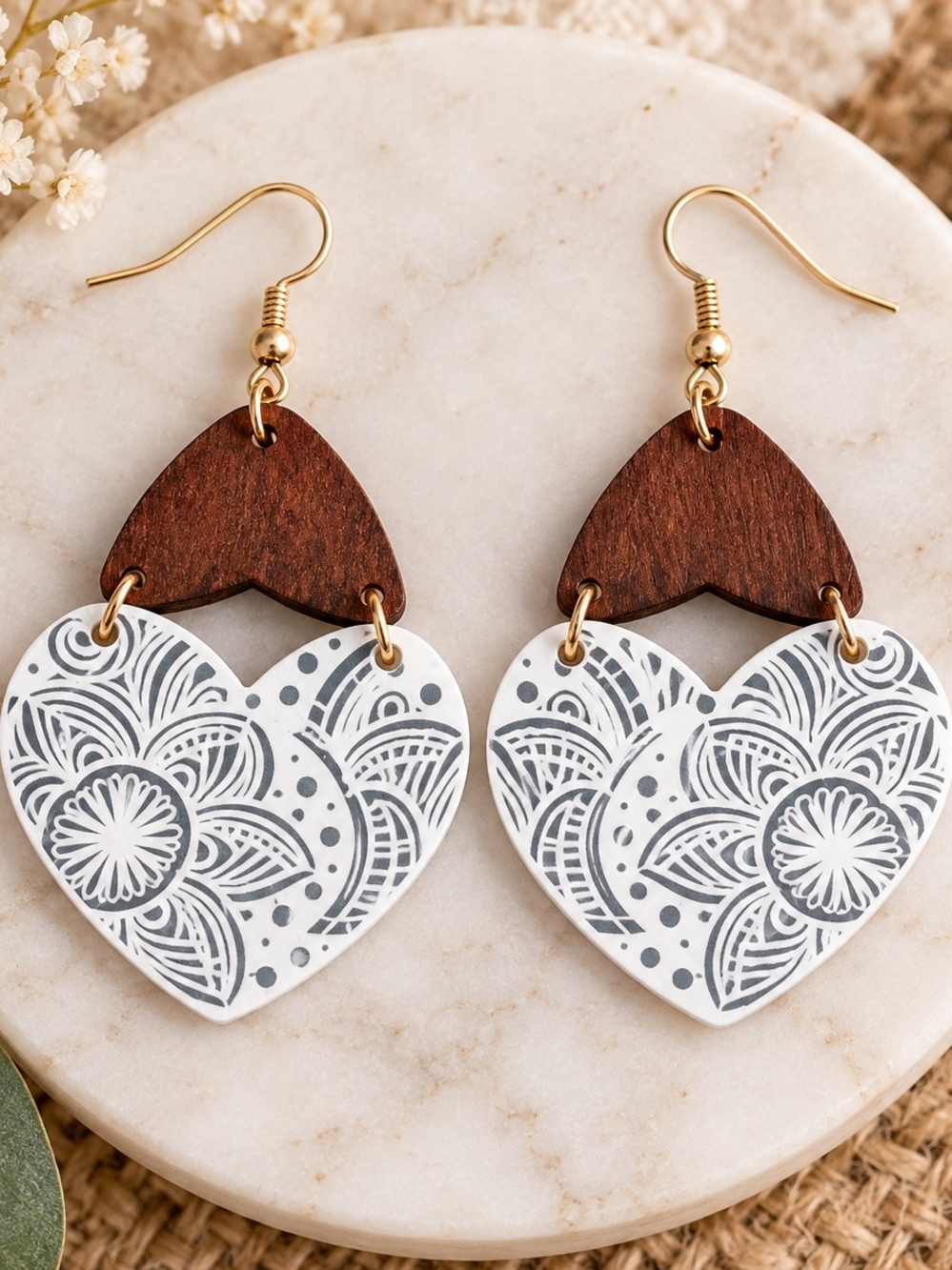 Brand New Wood & Acrylic Heart Dangle Drop Earrings Boho